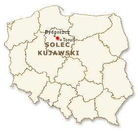 Mapa Polski z zaznaczonym na czerwono położeniem Solca Kujawskiego